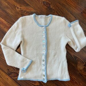 Women's Cream Cardigan with Blue Trim
